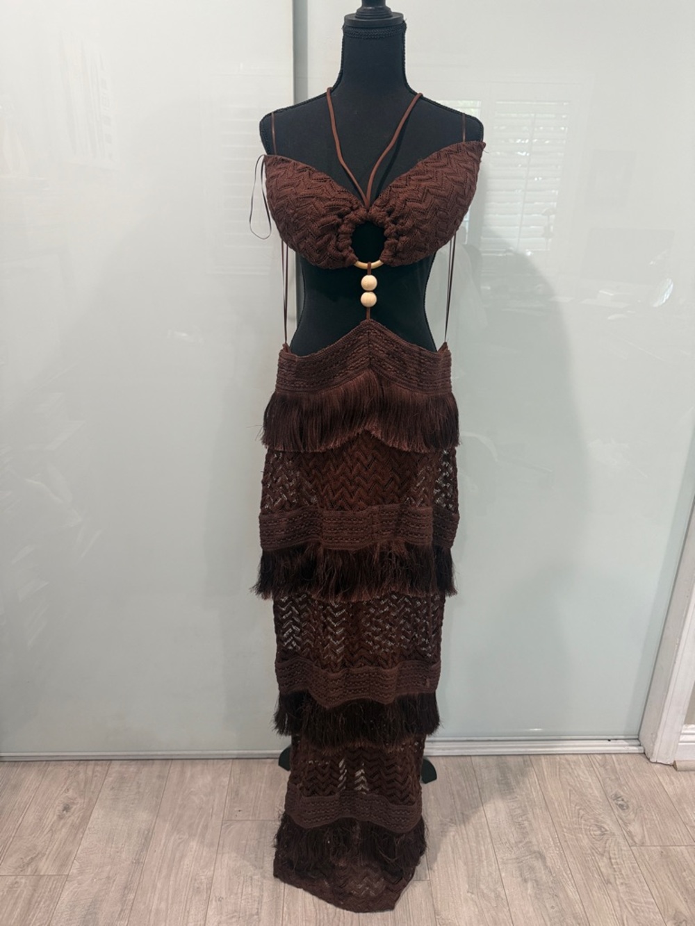 Fashion Nova Chocolate Brown Crochet Fringe Maxi Dress